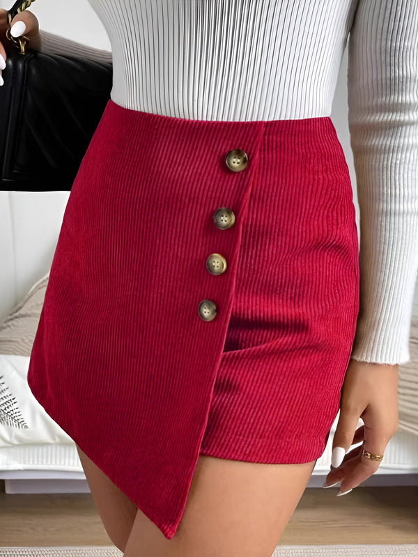 LOVEVVR Button-Decor Corduroy Zipper Skirt