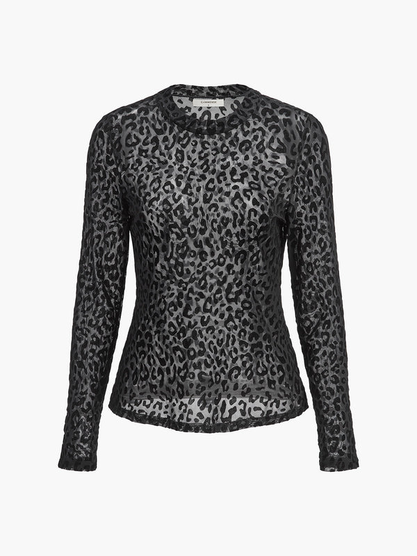 LOVEVVR Leopard Printed Sheer T-Shirt