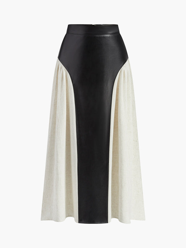 LOVEVVR Color Block Pleated Faux Leather Panel Skirt