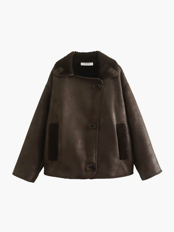 LOVEVVR Lapel Faux Leather Warm Jacket