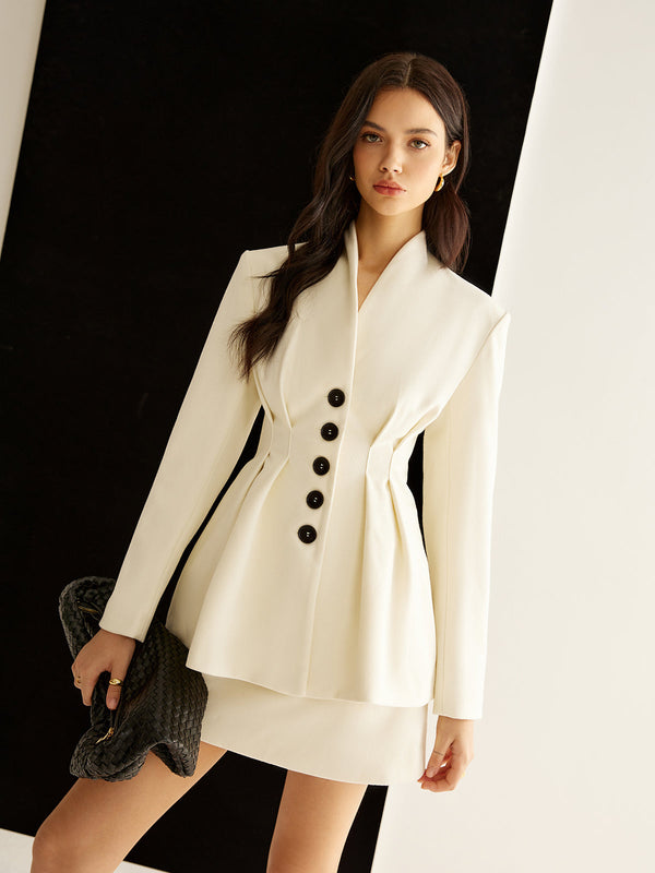 LOVEVVR Elegant Pleated Button Blazer