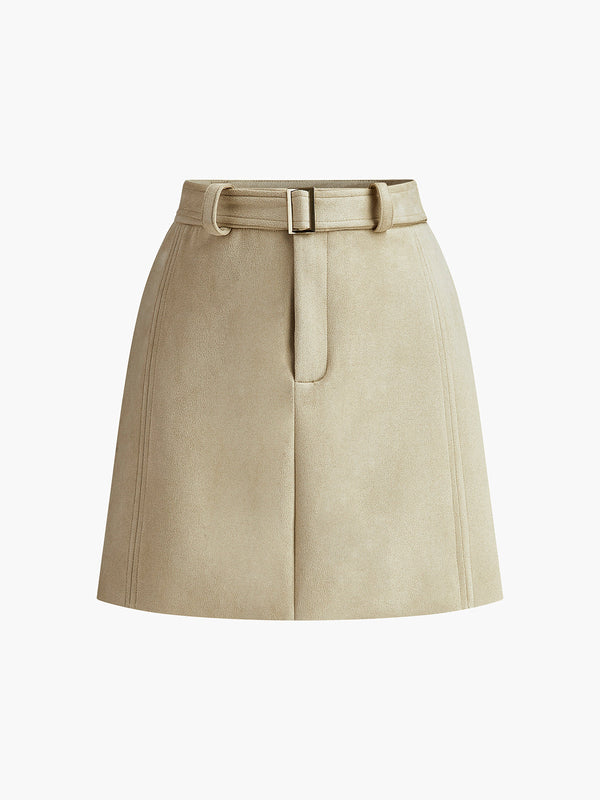 LOVEVVR Belted Suede Mini Skirt