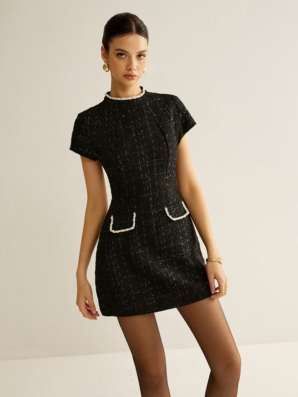 LOVEVVR Elegant Short Sleeve Tweed Dress