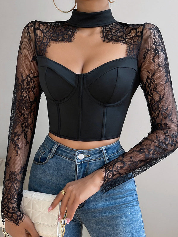 LOVEVVR Cutout Lace Panel Corset Blouse