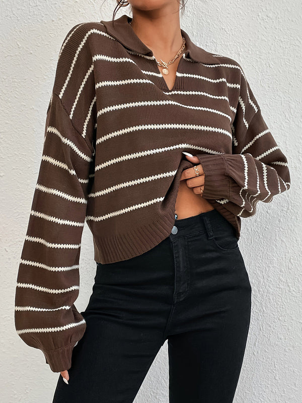 LOVEVVR Contrast Striped Lapel Short Sweater