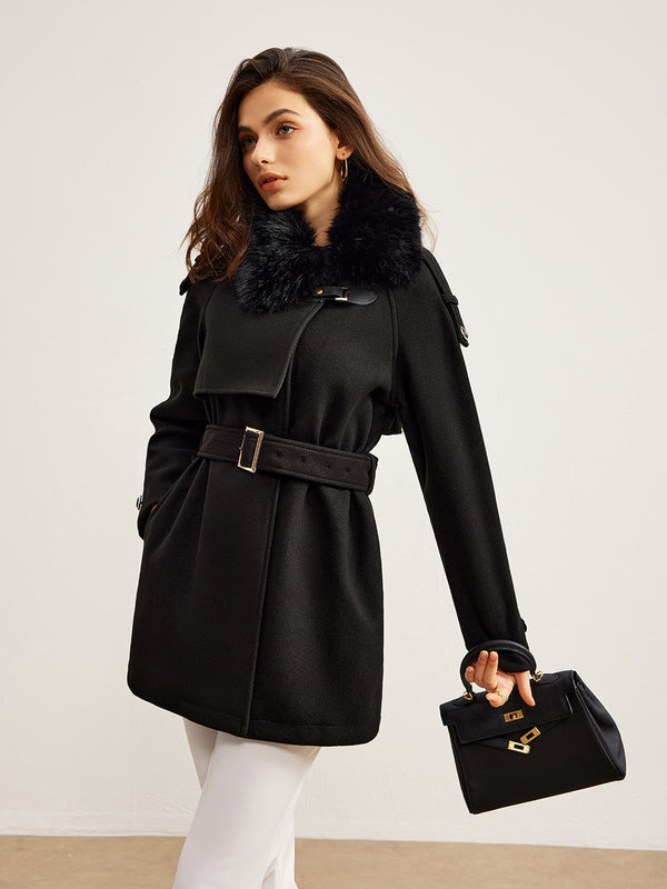 LOVEVVR Adjustable Fur-Collar Belted Trench Coat