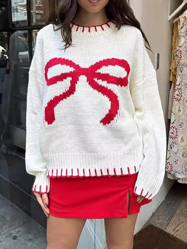 LOVEVVR Contrast Binding Bow Sweater