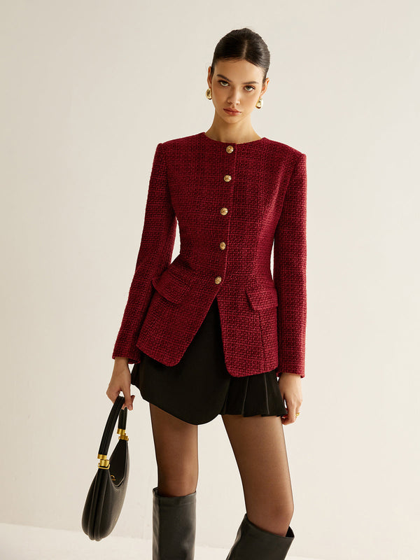 LOVEVVR Button Down Slit Tweed Blazer