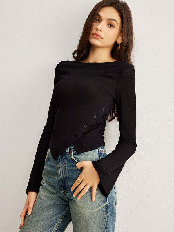 LOVEVVR Bell Sleeve Side Button Jersey Top