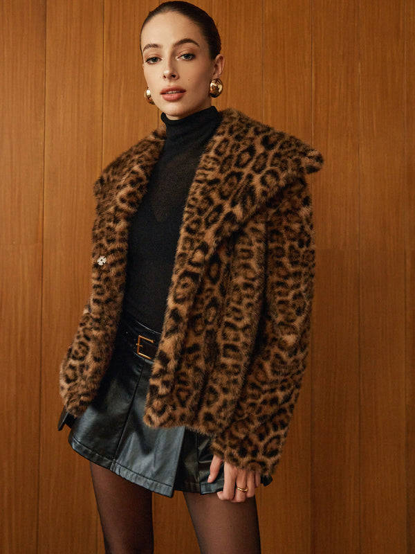 LOVEVVR Leopard Printed Faux Fur Warm Coat