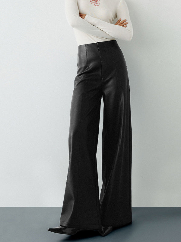 LOVEVVR High-Wist PU Leather Wide-Leg Pants