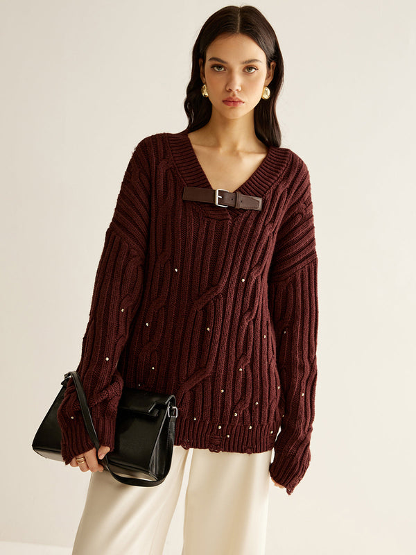 LOVEVVR Buckle Belted Beaded Knit Top