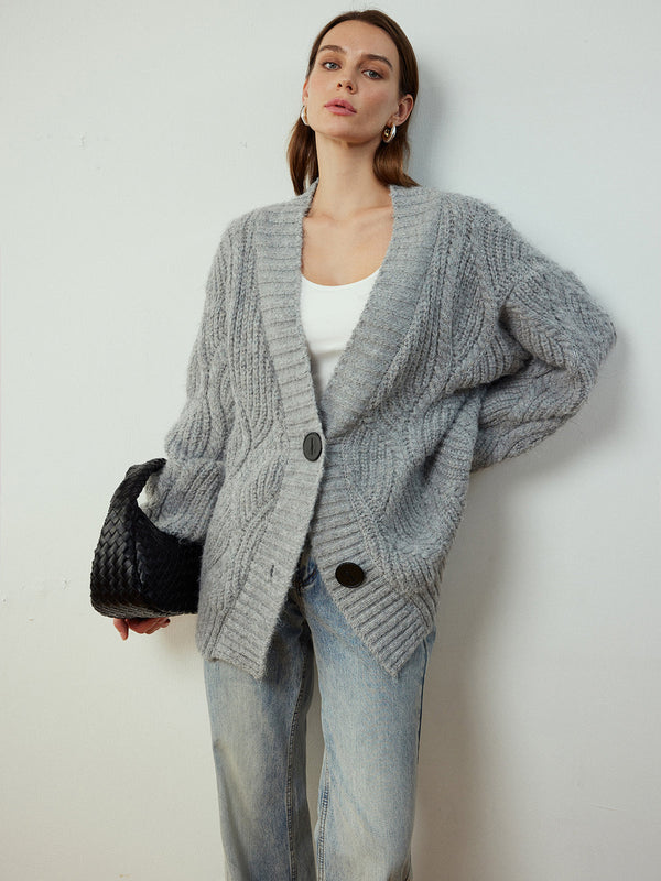 LOVEVVR Cable-Knit Shift Button Cardigan