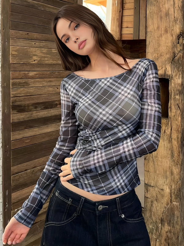 LOVEVVR Checked Crop Mesh Blouse