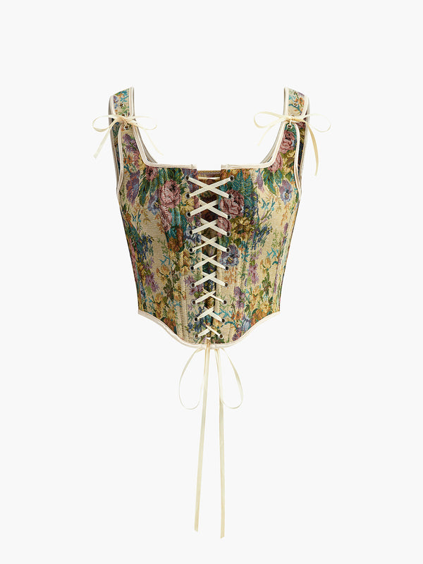 LOVEVVR Floral Jacquard Drawstring Blouse