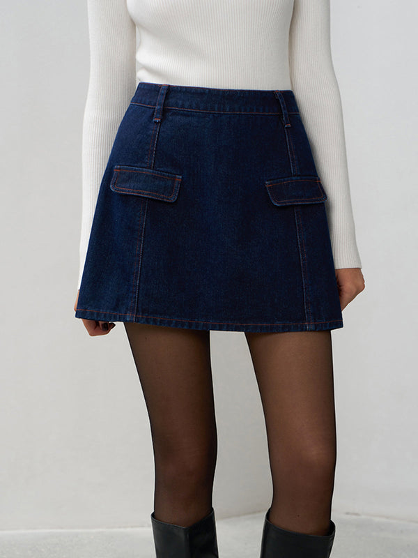 LOVEVVR Back Zipper Denim Mini Skirt