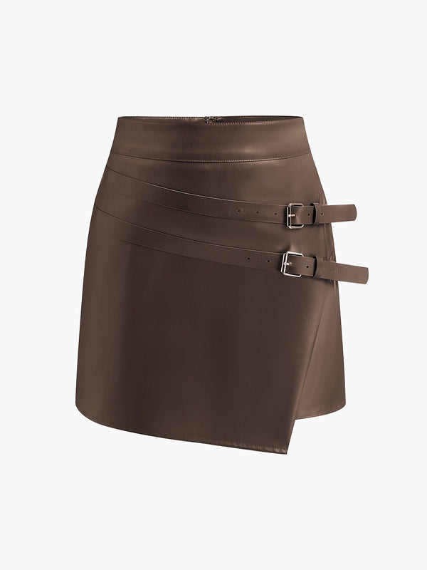 LOVEVVR Belted Design PU Leather Skirt