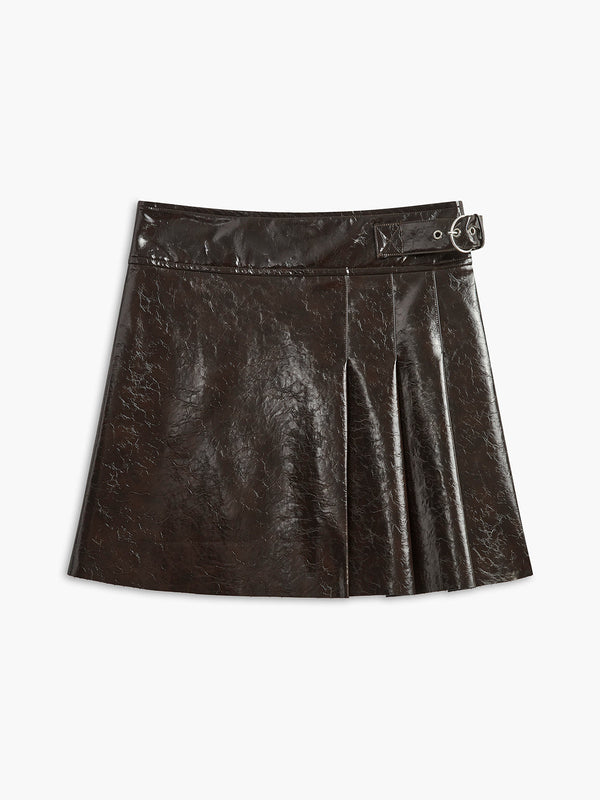 LOVEVVR Belted Faux Leather Textured Skirt