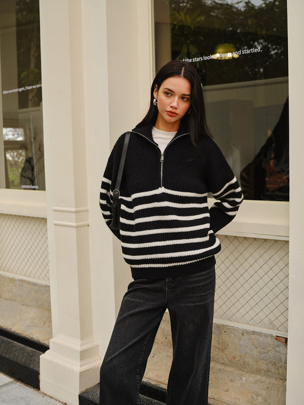 LOVEVVR Half-Zip Striped Sweater