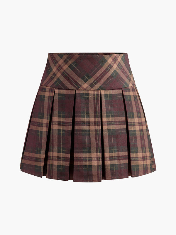 LOVEVVR Checked Pleated Mini Skirt