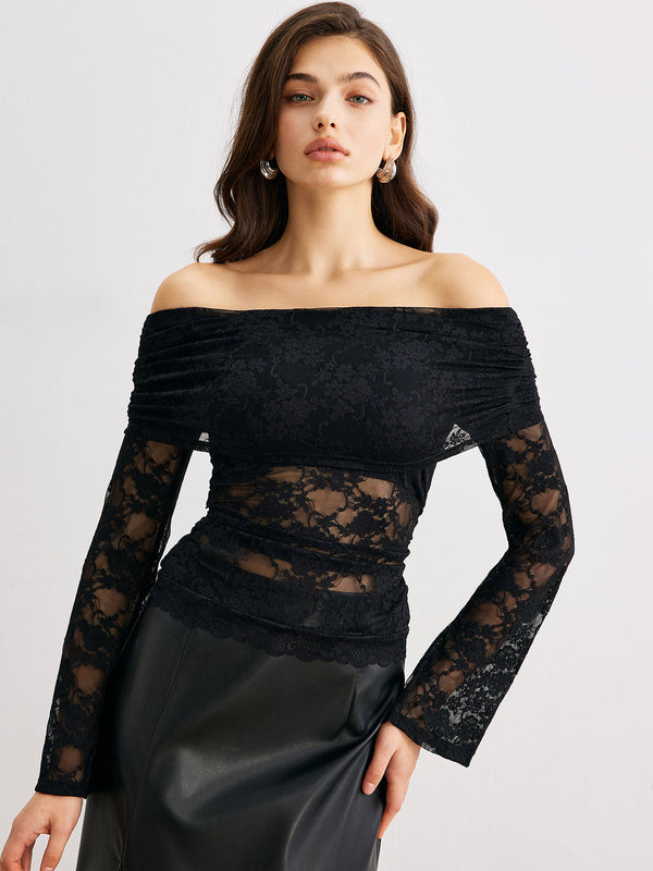 LOVEVVR Bell Sleeve Off-Shoulder Lace Top