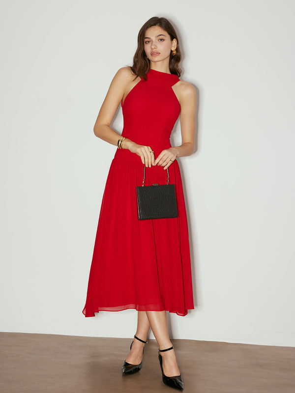 LOVEVVR Backless Sleeveless Chiffon Panel Dress