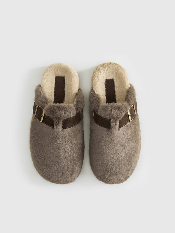 LOVEVVR Belt-Design Furry Mule Slippers