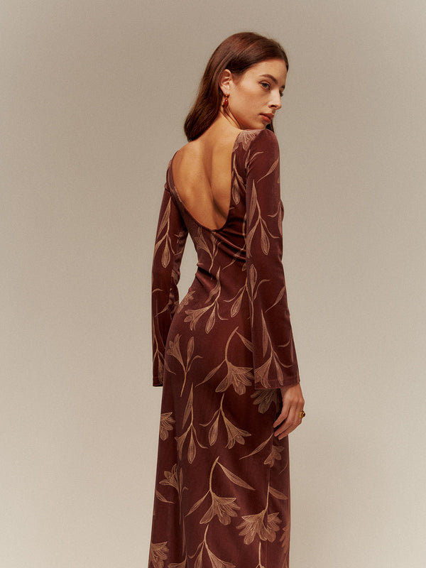 LOVEVVR Backless Printed Velvet Slim Dress