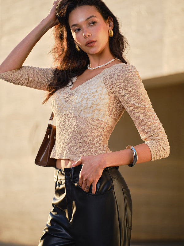 LOVEVVR Lace Skinny Crop Blouse