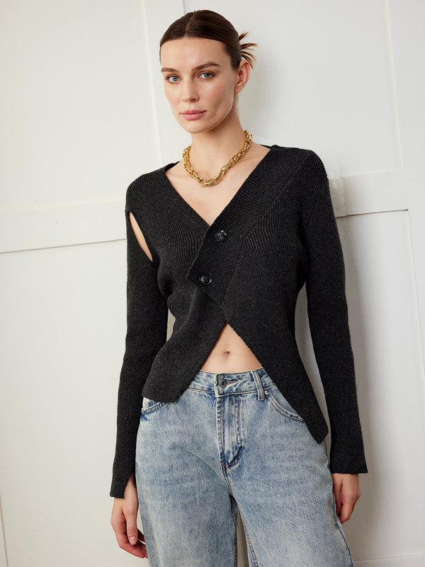 LOVEVVR Asymmetrical Cutout Button Knit Top