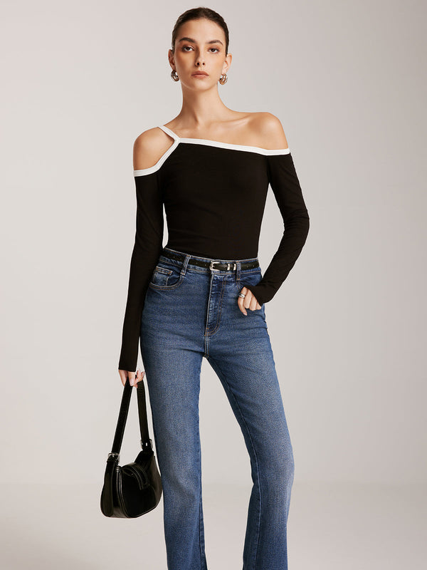 LOVEVVR Asymmetrical Contrast Strap Slim Top