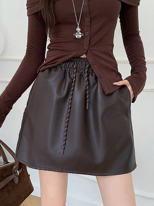 LOVEVVR Drawstring Faux Leather Skirt