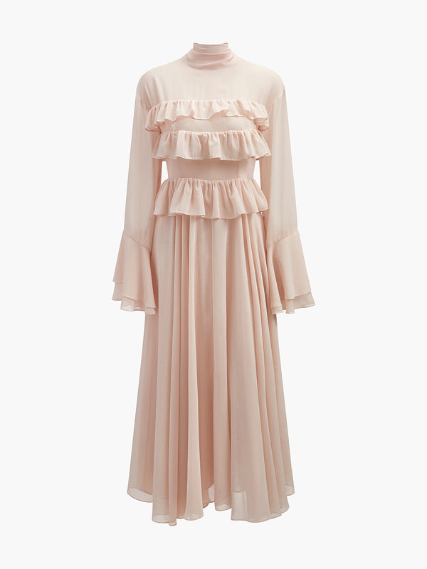 LOVEVVR Chiffon Ruffle Tie-Neck Dress