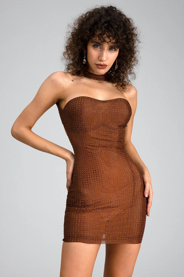 LOVEVVR Koskou Strapless Diamond Mini Dress In Brown