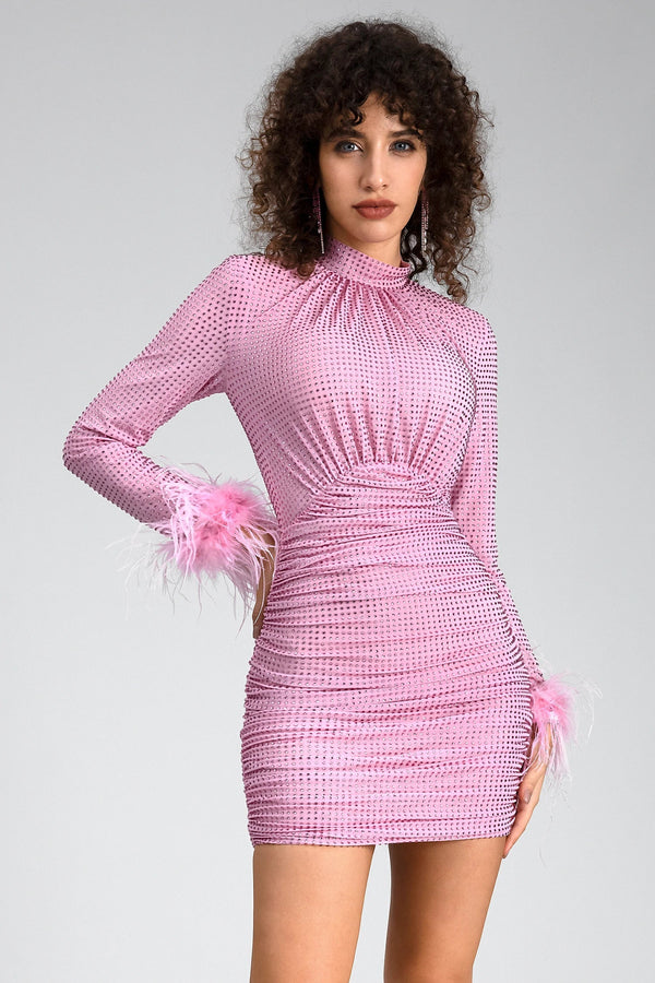 LOVEVVR Makrea Rhinestone Feather Pleat Mini Dress