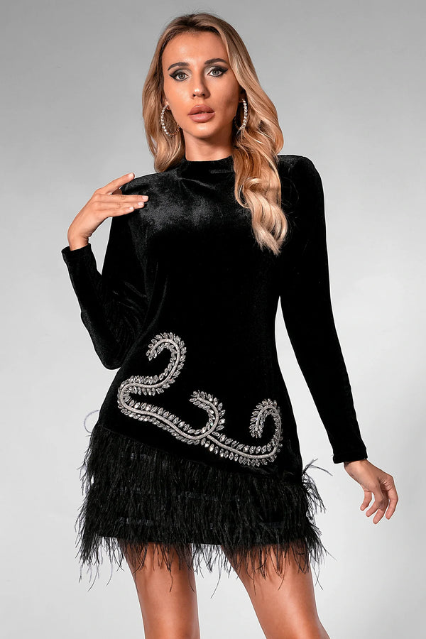 LOVEVVR Macaria Rhinestones Feather Mini Dress