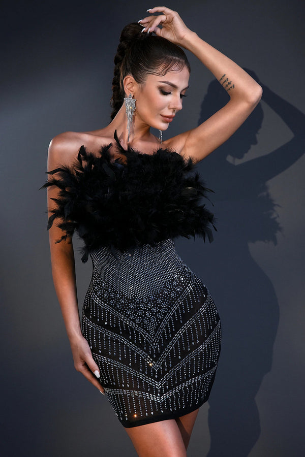 LOVEVVR Kaoir Crystal Feather Patchwork Dress