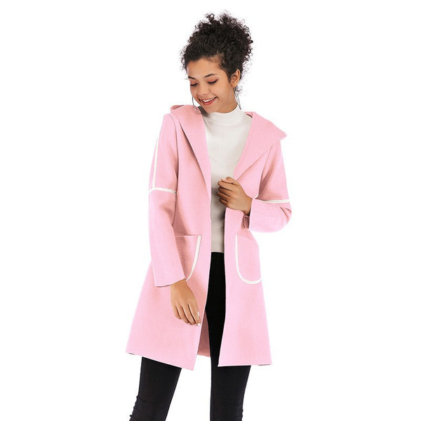 LOVEVVR autumn and winter 2025 women's clothing medium and long hooded warm thickened woolen coat contrasting color cardigan jacket women