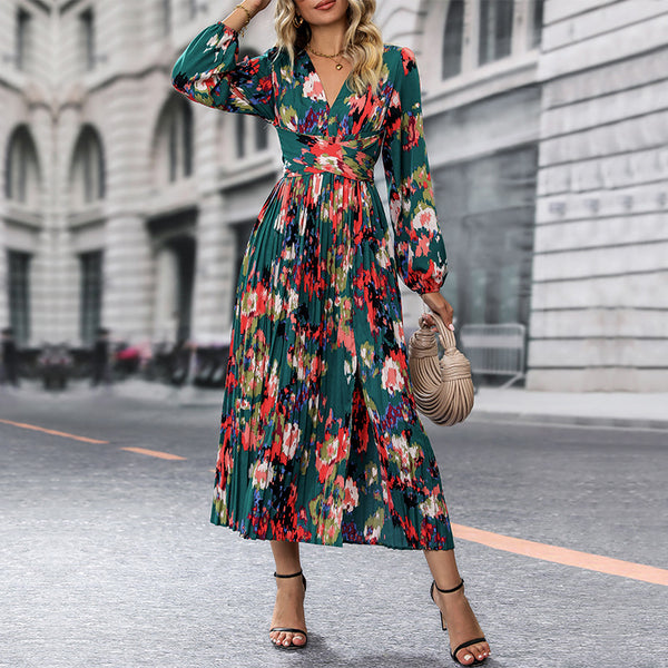 LOVEVVR foreign trade pleated long dress Hot autumn new 2025 women's  printing long-sleeved jumpsuit