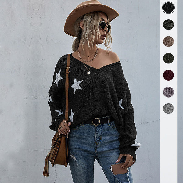 LOVEVVR New  New Popular trade 2025 jacquard fringed knitted sweater women's V-neck design bat sleeve ripped sweater