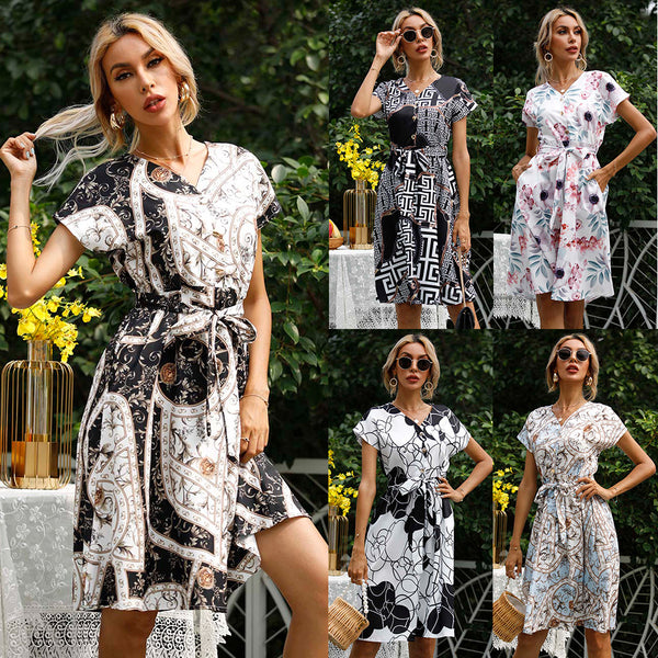 LOVEVVR Hot trade women's clothing  popular New Popularan goods 2023 summer printing lace-up waist short-sleeved dress