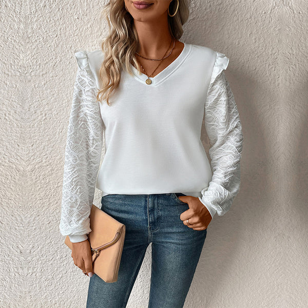 LOVEVVR 2025 women's clothing tops Hot autumn popular pullover sweater V-neck solid color lace splicing long sleeve wholesale