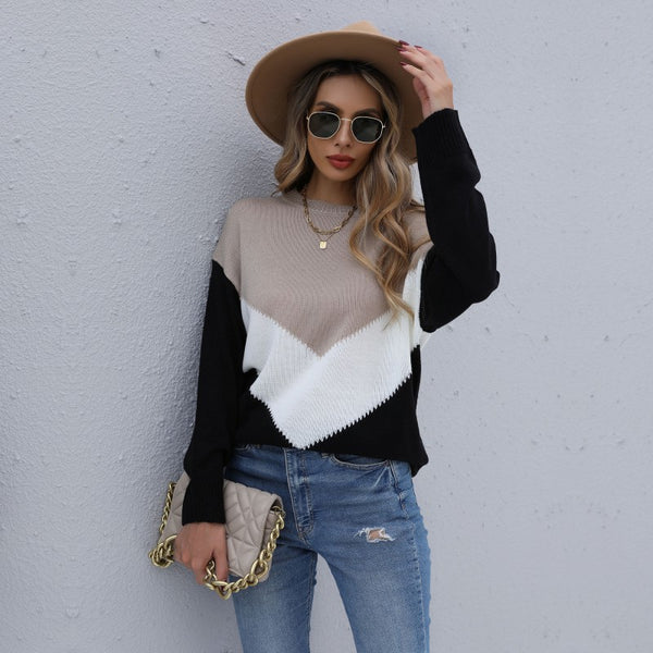 LOVEVVR Autumn New popular  Color Matching Crew Neck Long Sleeve Knitted Bottom Shirt Pullover Women's Top