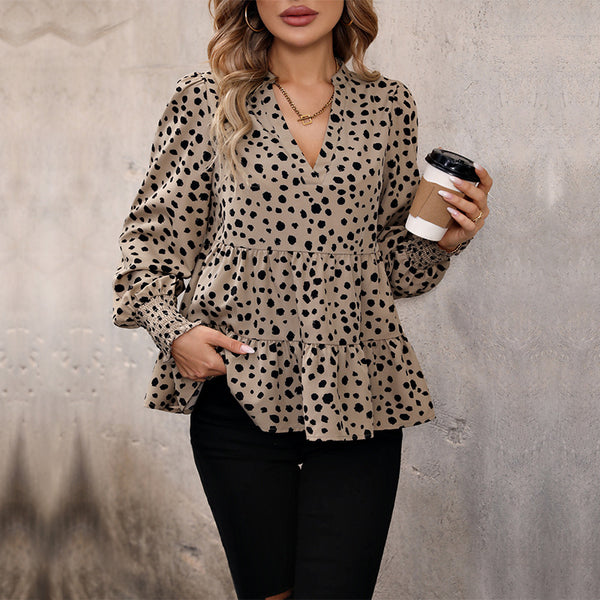 LOVEVVR Hot autumn explosion spotted shirt women's khaki ruffle edge V-neck women's top wholesale