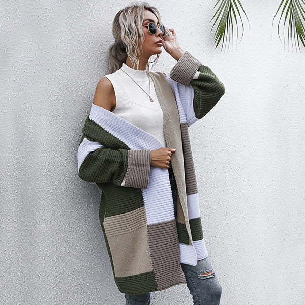 LOVEVVR Hot new autumn and winter fashion color matching knitted sweater medium and long 2025 lazy style    cardigan jacket women