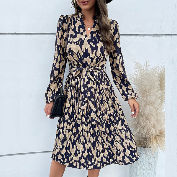 LOVEVVR New  Hot Trade 2025 Women's Clothing Hot Autumn New Folded Printing Long Sleeve Dress