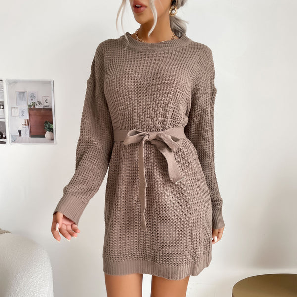 LOVEVVR New  popular New 2025 Autumn and Winter Sweater Women's Lace-up Solid Color Long Sleeve Sweater Skirt