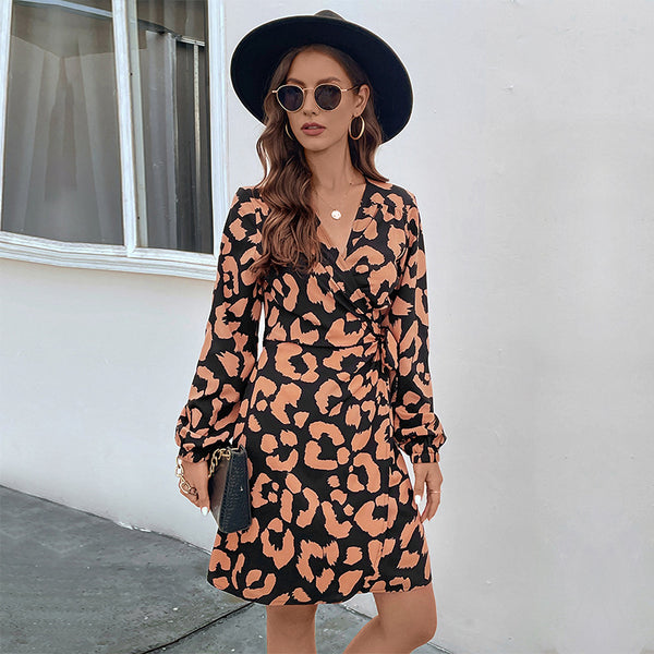 LOVEVVR new leopard print v-neck long-sleeved long-sleeved dress temperament casual wrap skirt