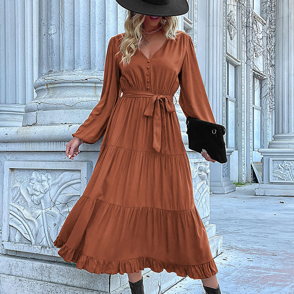 LOVEVVR Hot autumn and winter new    2025 foreign trade women's long-sleeved pleated splicing dress