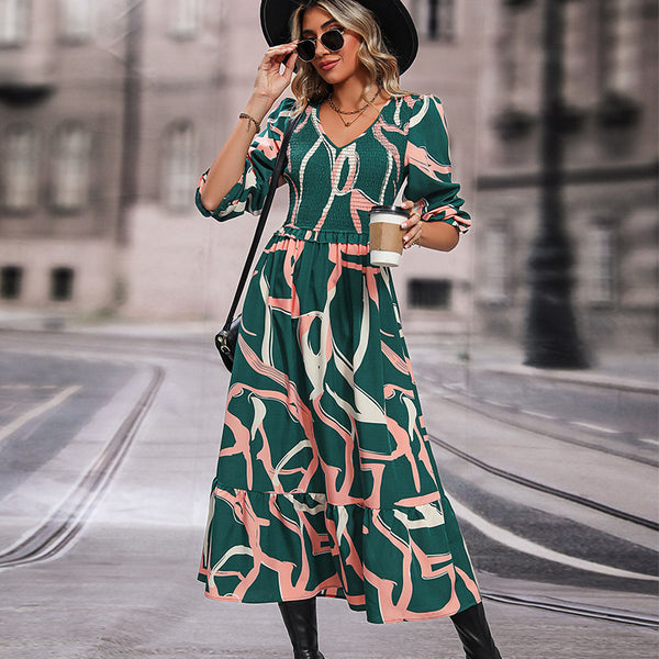 LOVEVVR New Hot Trade  Printed Long Sleeve Dress Hot Autumn New 2025 Fashion Skirt Women